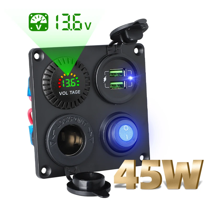 45W Car Charger Switch Panel Voltmeter Dual USB Socket 12V 4.2A Cigarette Lighter ON/Off Rocker 4 in 1 Camper Moto Power Adapter