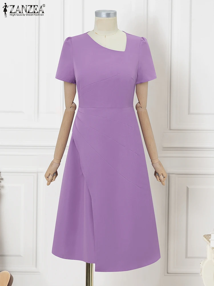 

Women Vestidos ZANZEA Elegant Office Lady Midi Dress 2025 Summer A-Line Sundress Short Sleeve V-Neck Waisted Party Solid Robe