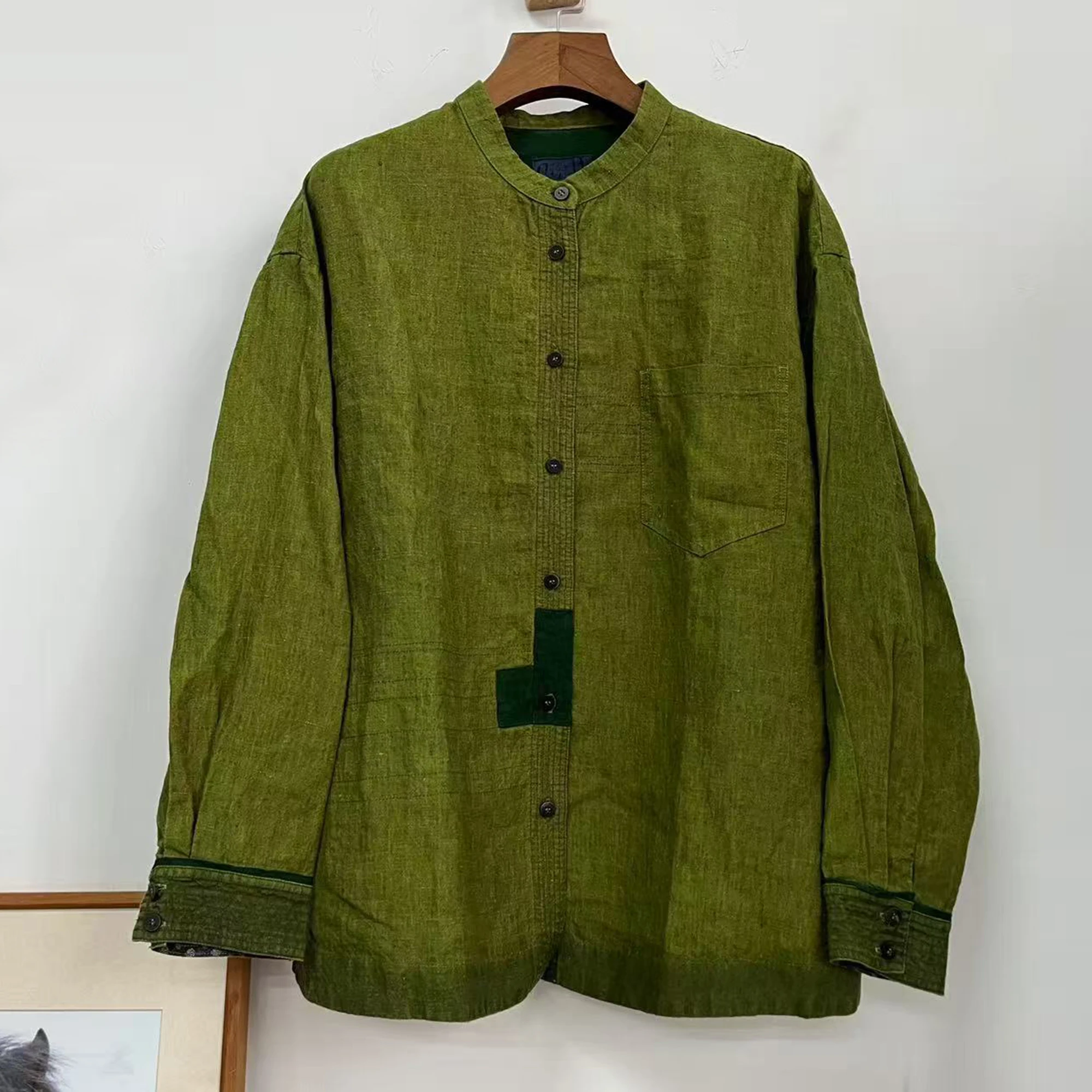 

Casual Haax Woven irt Retro Sle Long Sve Button up Stand Collar Regular Fit Straight Tube Commute Faion