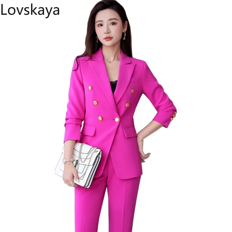 

Office Pant Suit Women Female Button Decoration Blazer And Trouser Formal Business Work Wear 2 Piece Set