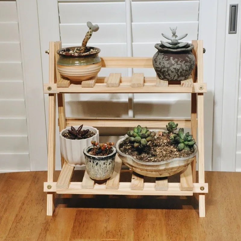 Wooden Double Layer Shelf Foldable Durable Shelf Flowerpot Spice Storage Racks For Living Room Kitchen Home Organizer Supplies