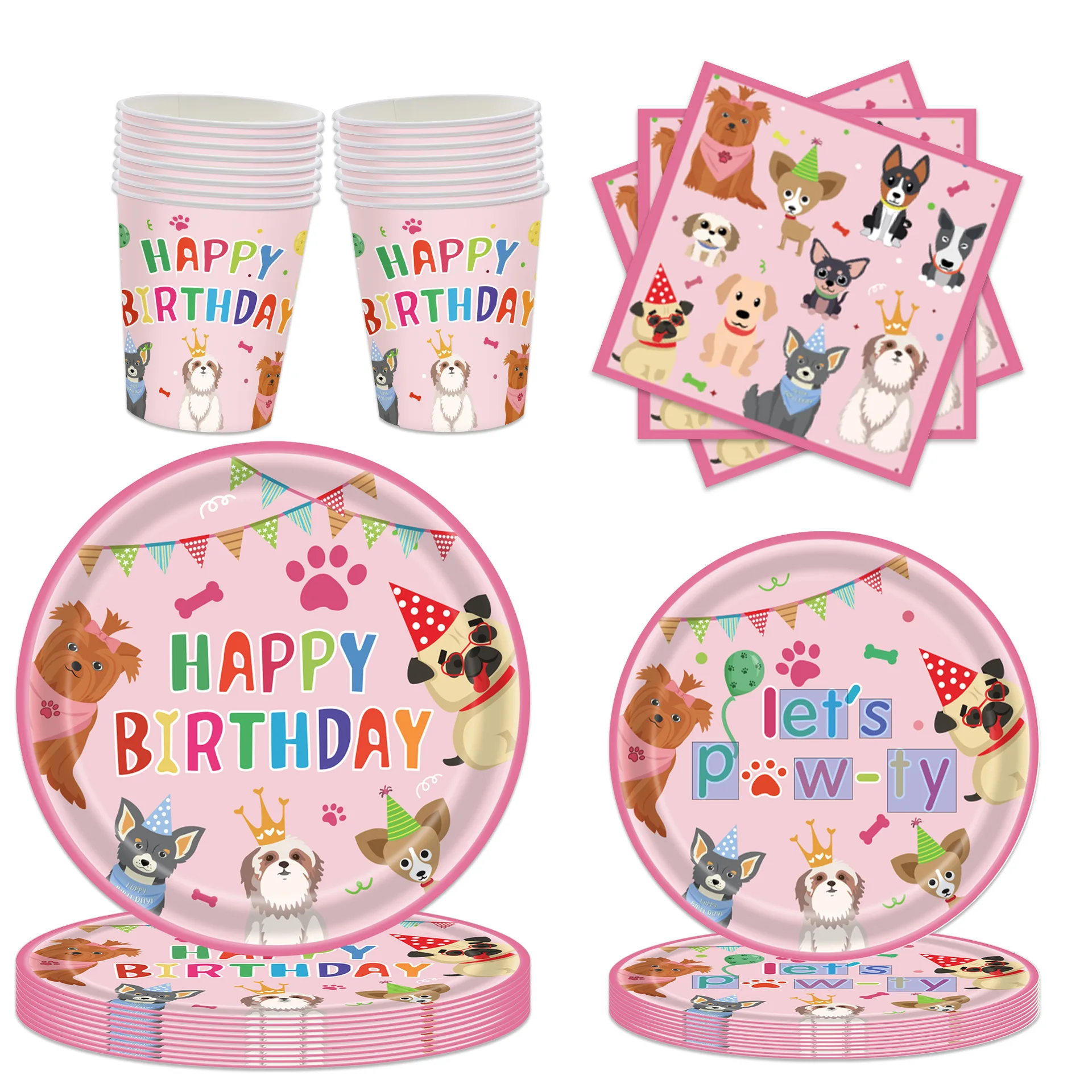 Pink Puppy Paw Themed Birthday Party Tableware Decorations, Dog Paw Party Supplies, Print Banner, Paper Plates, Cup, Napkins