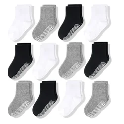 Non Slip Toddler Socks 12 Pairs with Grip for Boys Girls Baby Infants Kids Anti Skid Cotton Crew Socks 1-7Years