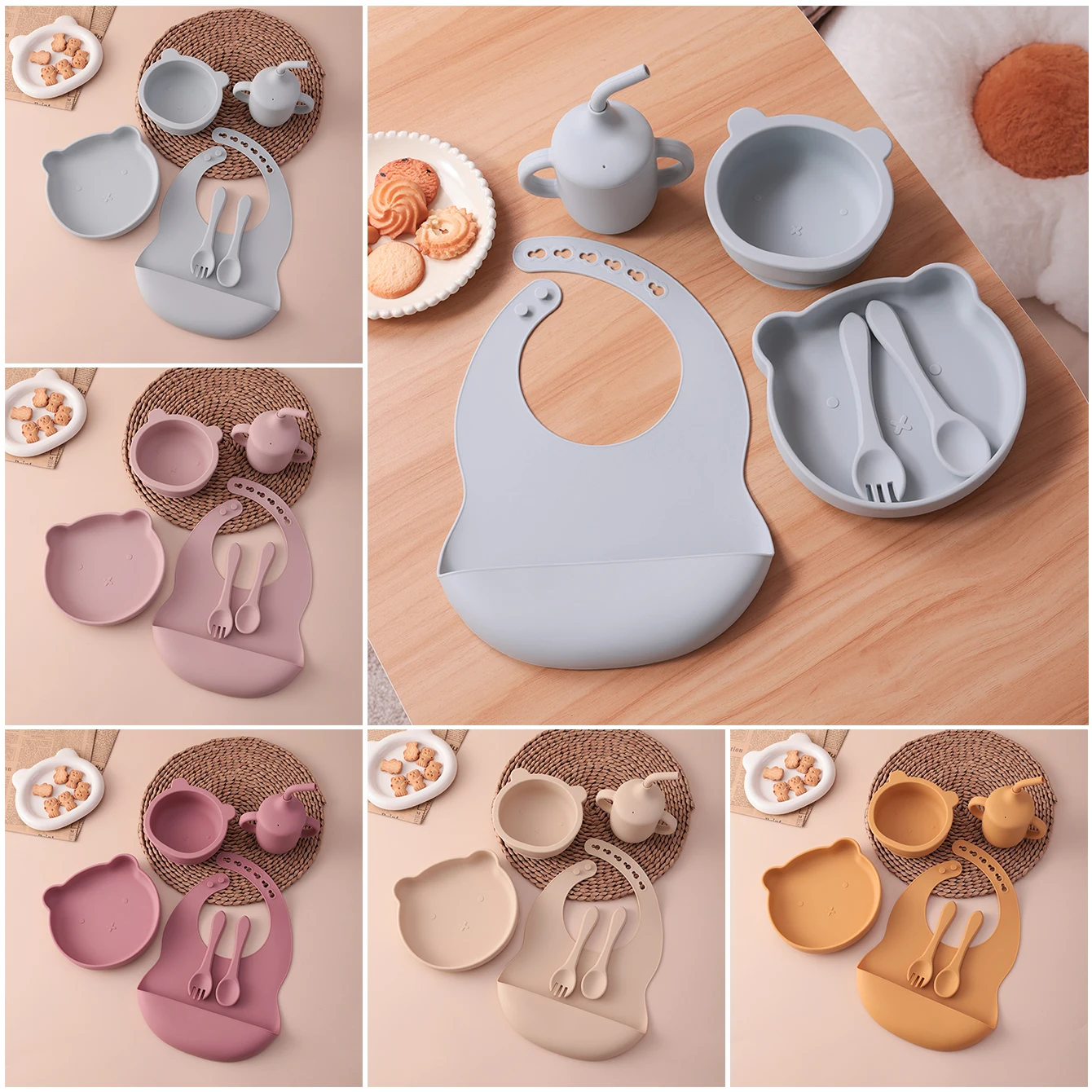 

6PCS Bear Silicone Baby Feeding Set Suction Bowl Spoon Bib Cup BPA Free Toddler Essentials Non-Slip Children's Tableware