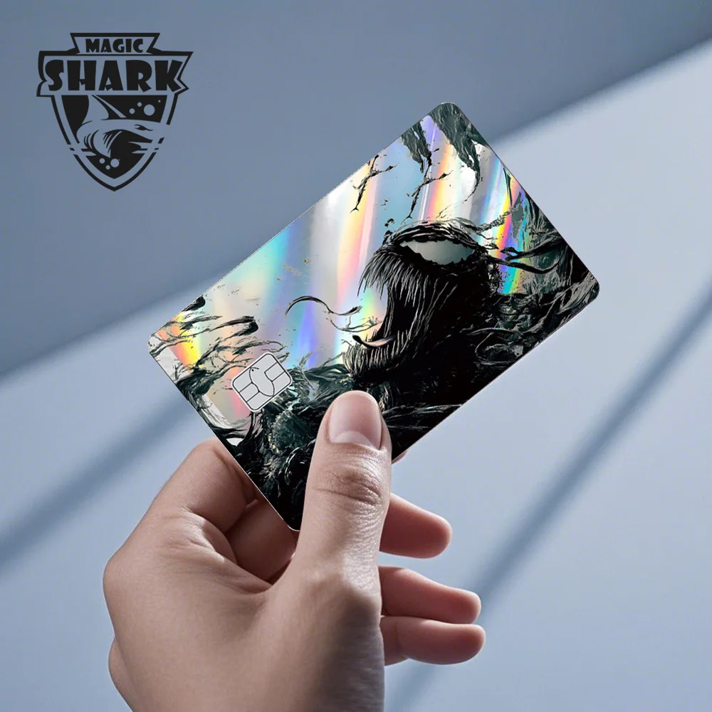 Geen vervaging Deapool Venom Spiderman Captain American Ironman Glanzend Holografische Sticker Film Skin voor Debet Creditcard