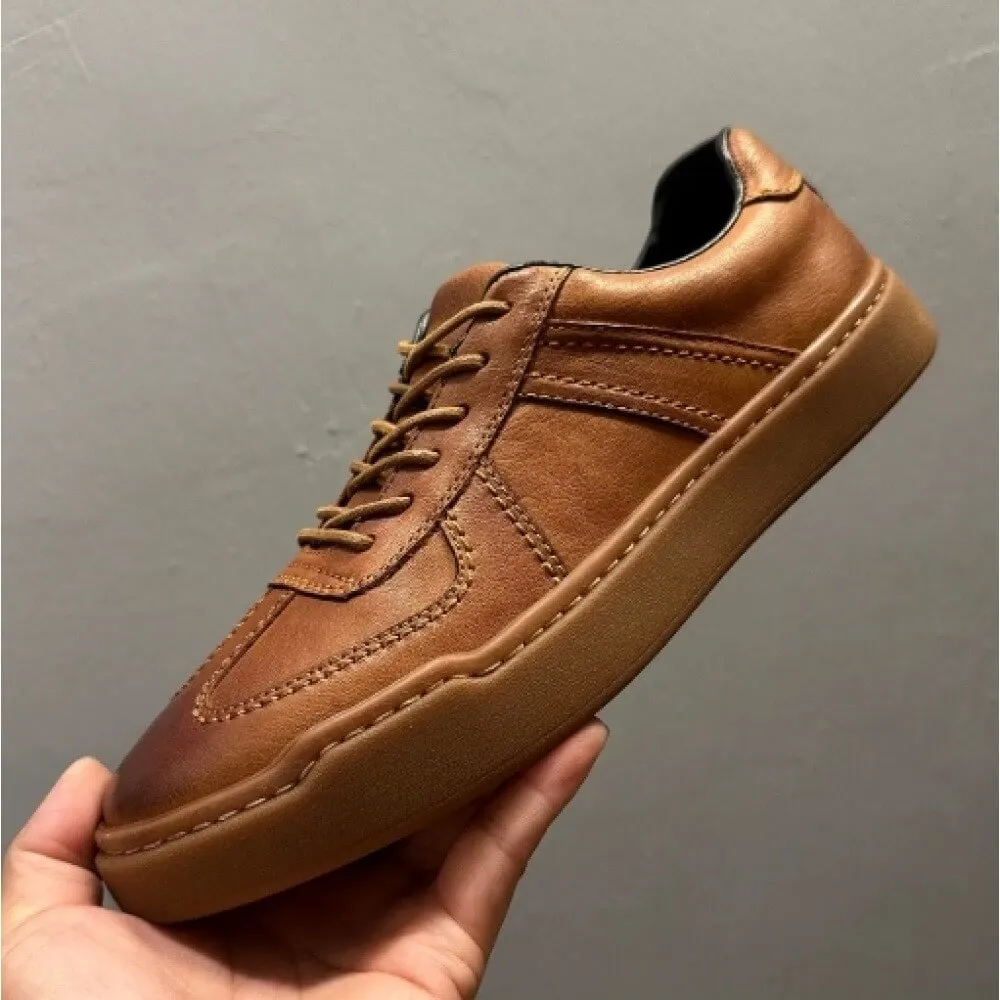 Caramel Brown Burnished Leather Casual Sneakers, with retro stitching and gum sole, stylish and comfortable,