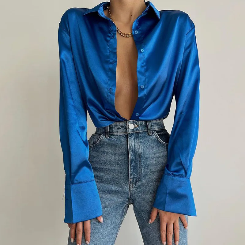 Blauer langer Sve Satin Irt Damen-Cardigan mit einem Knopf, Frühlingsfaion Commute Sle, reiner Kragen, normale Passform