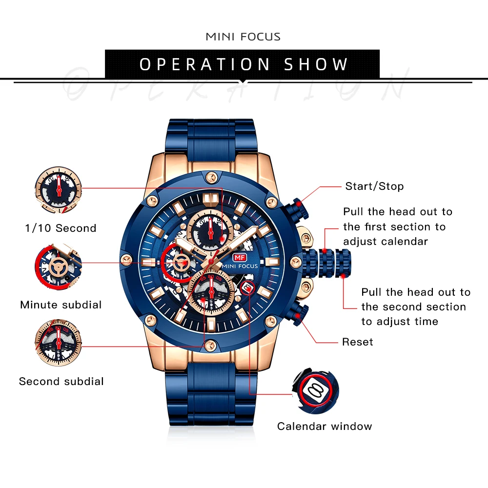 MINI FOCUS Men's Quartz Skeleton Watch Military Style Date Display Stainless Steel Band Sports Casual Business Watch 0398G