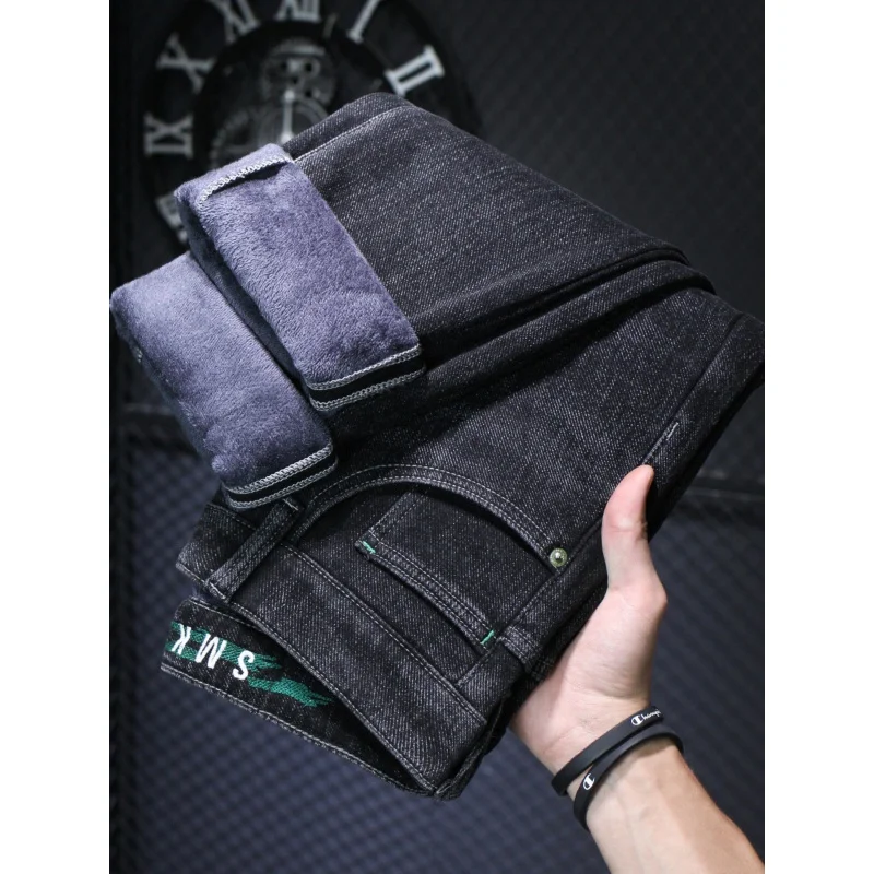 Winter Soft Fleece-Lined Thickened Jeans Men's High-End Personality Embroidered Slim Skinny Pants Warm Long Pants