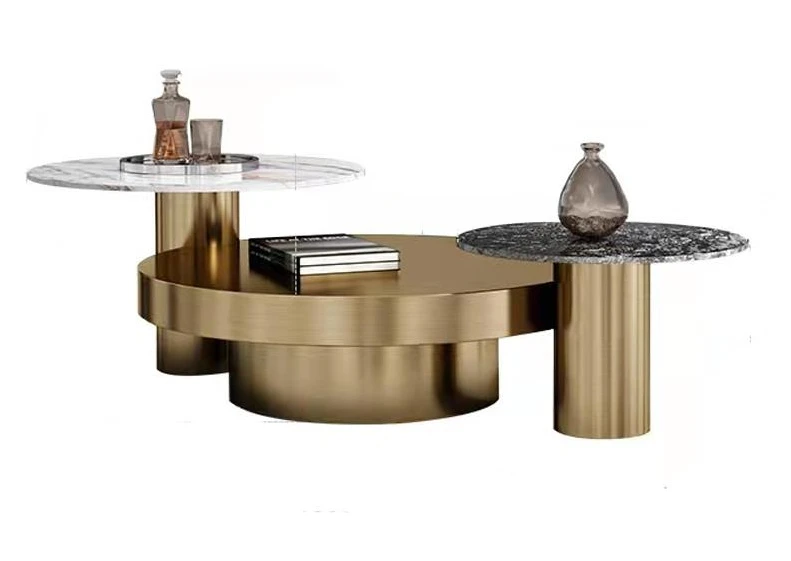 Luxury Living Room Furniture Stable Stainless Steel Frame Combination Of Tables Black Or Gold Coffee Table With Two Side Tables