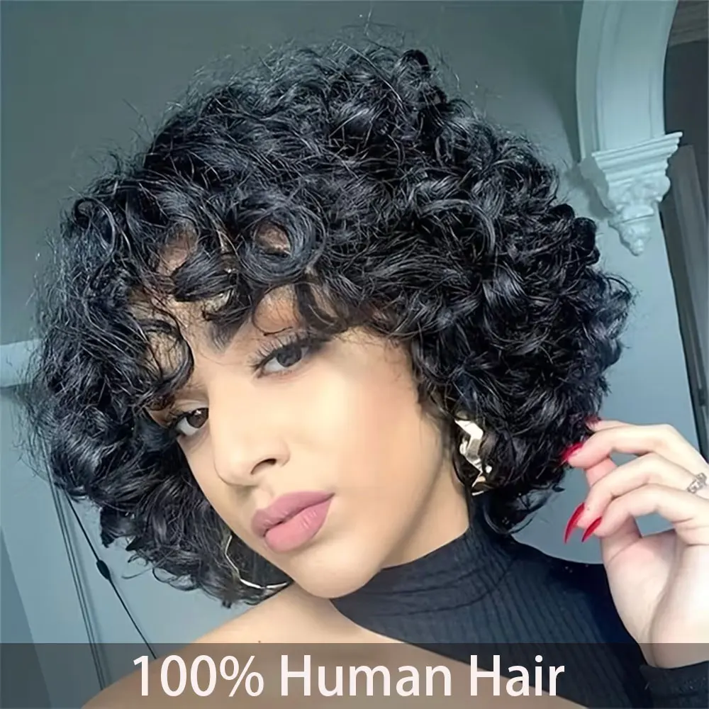 Short Bob Afro Loose Curl Wig with Bangs Human Hair Pixie Cut Wig Bouncy Curls 200% Density Women Front Egg Curl Wig Full Machine Made 100% Human Hair Wig Suitable for African Women & All Skin Tones- 10 Inch Deep Wave Curls