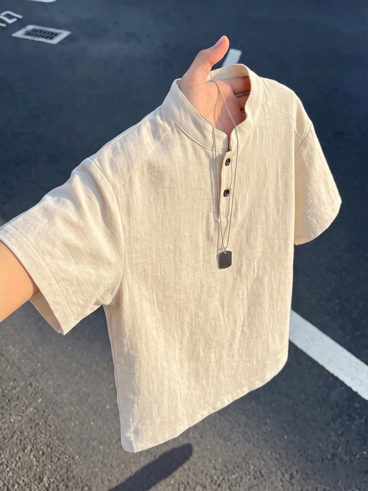 Quick Dry Linen like Half Sleeve  Shirt Men's Summer Thin Breathable Cool Feeling Short Sleeve T Shirt Casual Loose Fit
