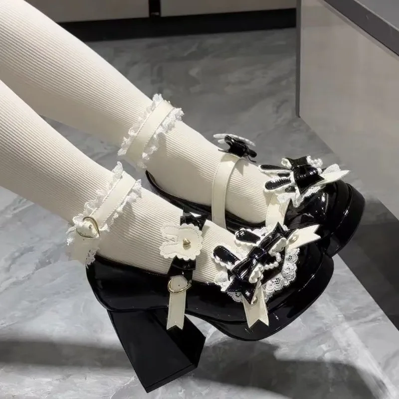 

2025Lolita, женские туфли на высоком каблуке на платформе, весенне-осенние милые туфли на толстой подошве JK, туфли Мэри Джейн на массивном каблуке с узлом-бабочкой