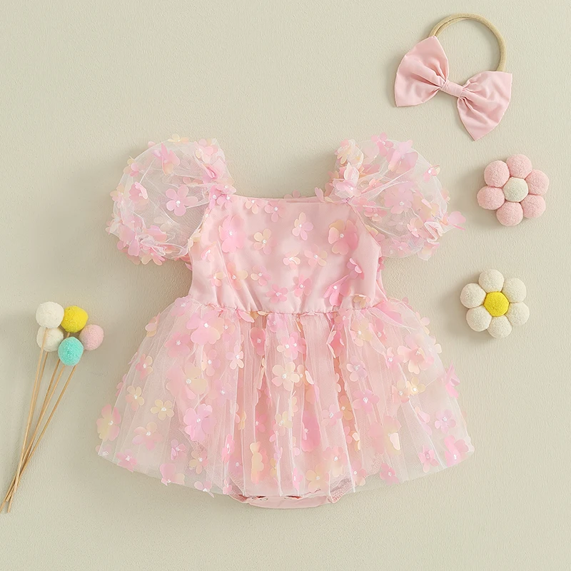 0-18M Newborn Baby Girls Rompers Dress Flower Embroidery Mesh Short Sleeve Jumpsuits Headband Princess Outfits