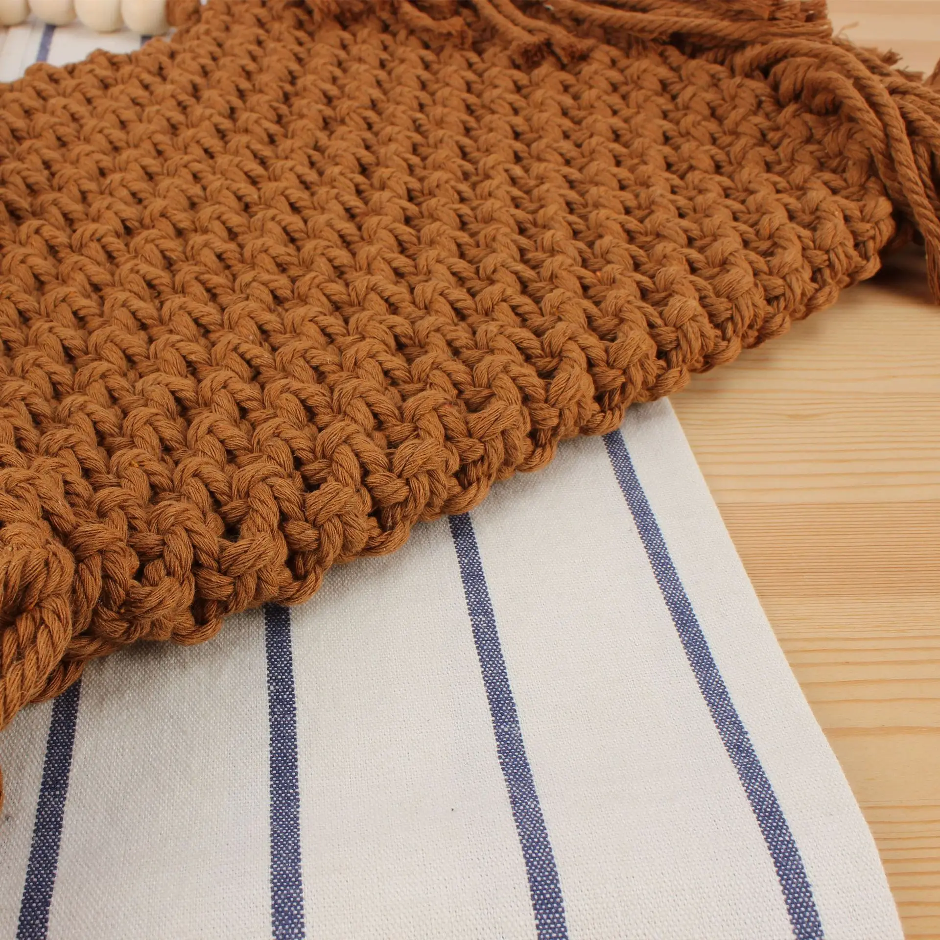 Handmade Crochet Women Bag Long Tassel Woven Bags for Women Handbags Beaded Handle Purse Rope Knitting Shopper Shoulder Bag Tote