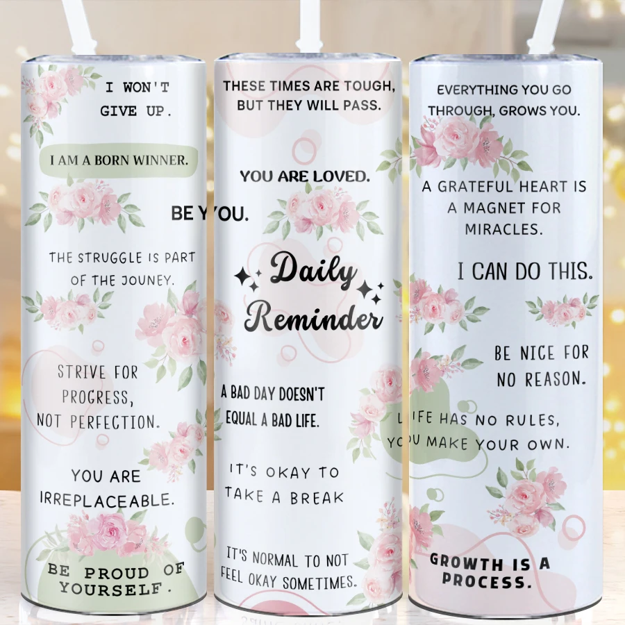 

20oz Stainless Steel Straight Water Bottle Straw Lid 1Pc Print 3D "Encouraging quotes" Outdoor Travel Mugs Insulated Vacuum Cups