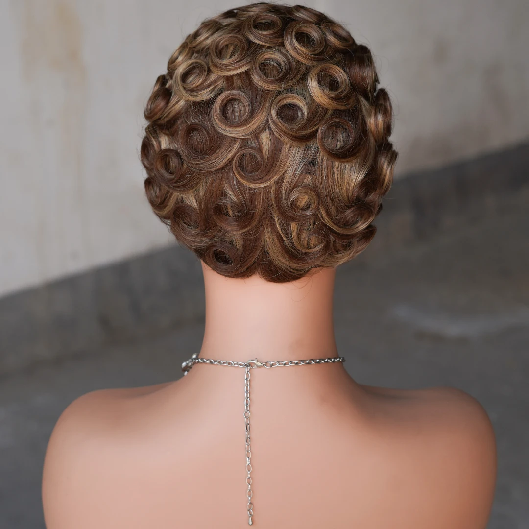 Color P427 Human Hair Curly Pixie Cut Short Wigs For Women 150% Density 6inches Remy Hair Full Machine Made Wigs