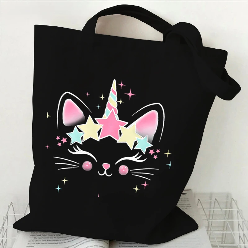 Cute Unicorn Cat Canvas Tote Bag Student Cartoon Animal Shopping Bag Women Fashion Animal Graphic Handbag Side Bag for Ladies