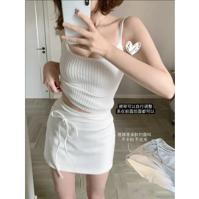 夏の新痩身 A ラインシンプルなヒップハグ女性のスカート和風ストラップデザイン弾性ウエスト白ショートスカート