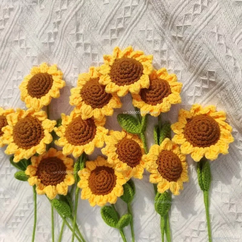 Crochet Artificial Flower Handmade Sunflower Woven Bouquet Creative Wool Knitting Decorations Teachers Day Mother S Day Gift