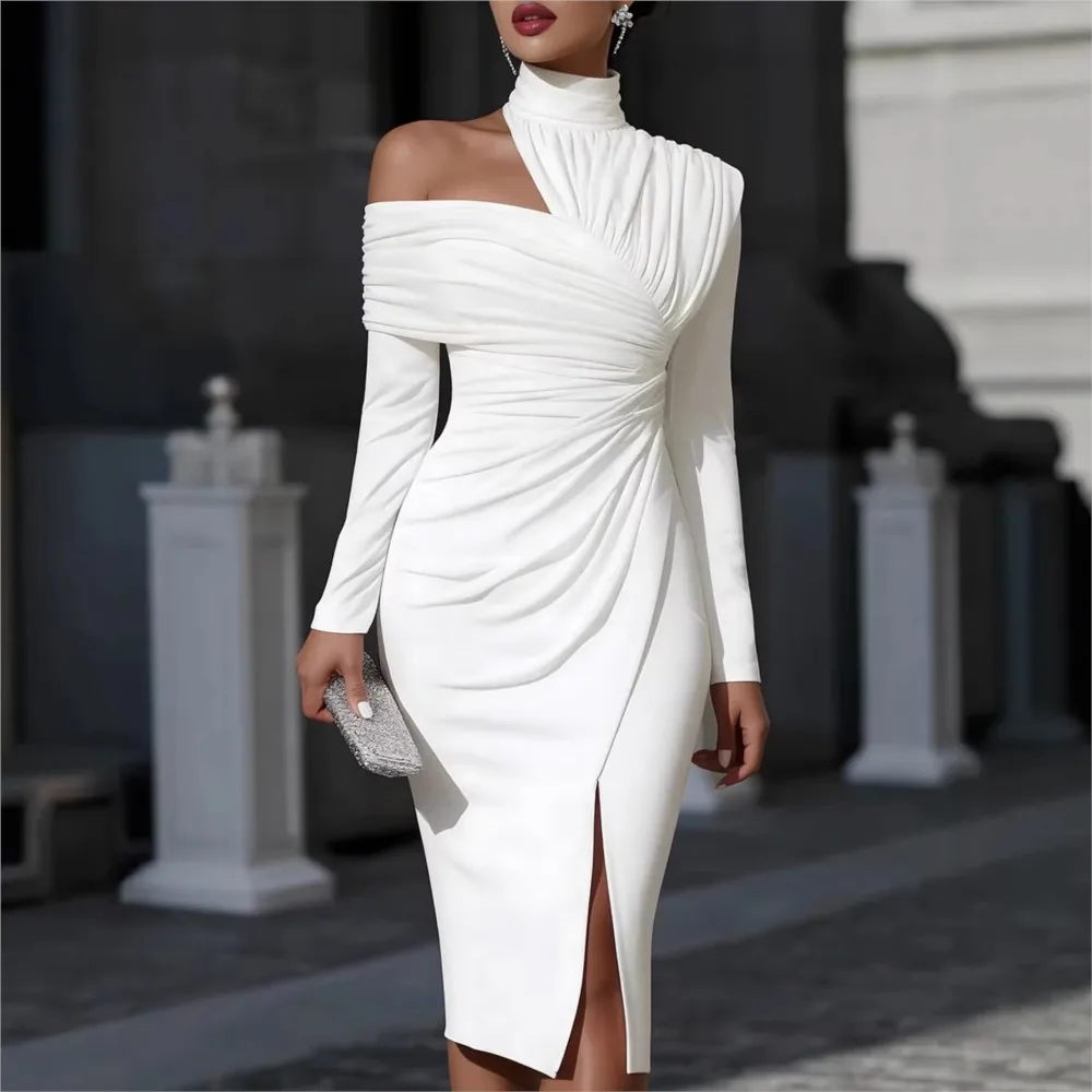 Women's White Off Shoulder Asymmetric Bodycon Dresses Autumn Fashion High Collar Cutout Long Sleeve Ruched Slit Slim Midi Dress