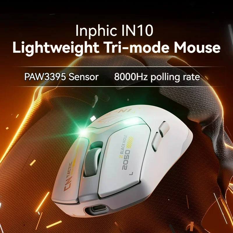 

INPHIC IN10 Трехрежимная мышь для киберспорта PAW3395 Датчик 8000 Гц Скорость покатания Аккумулятор 400 мАч Специальный драйвер Легкая игровая мышь