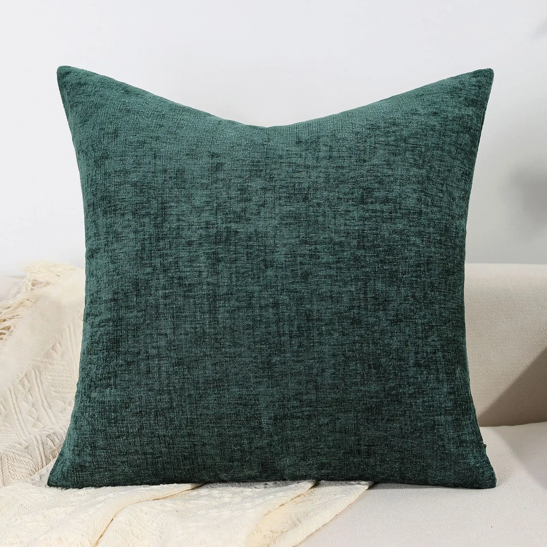 Pack of 2 Cream Throw Pillow Covers 18x18 Inch Soft Chenille Pillow Covers for Sofa Living Room Couch Solid Dyed Cases