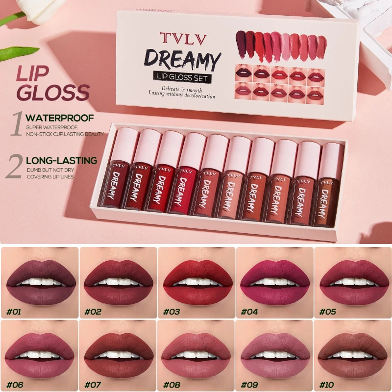 

10-Piece Lip Gloss Set: Fashion-Forward High-Pigment Matte Velvet Waterproof Sweat-Resistant Velvet Finish Lip Gloss silky light