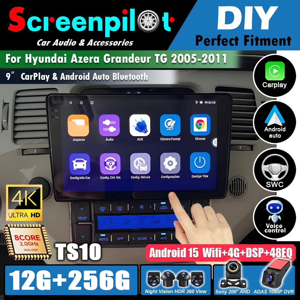 Android 16Carplay Auto Car Radio For Hyundai Azera Grandeur TG 2005 -2011 WIFI GPS Navigation Multimedia Player No 2din 5G HDR