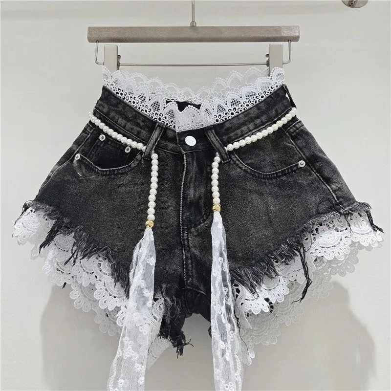 Women Summer Korean Denim Shorts Sexy Sweet Lace Patchwork Shorts Chic High Waisted Fashion Harajuku Y2K Hot Shorts New