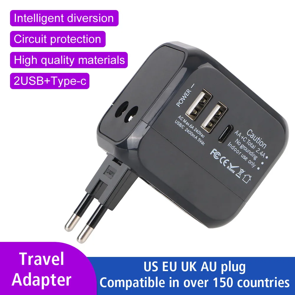 

Travel Charger with 2 USB Port and 1 Type C Travel Adapter 6A All-in-one Wall Charger US EU UK AU plug Universal