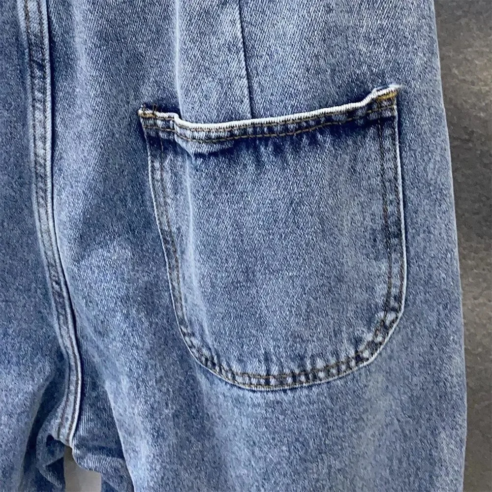 بنطال جينز فضفاض خفيف بخصر مطاطي 9 نقاط للرجال صيفي صغير القدم ملابس الشارع برباط هارلان من قماش الدنيم #3