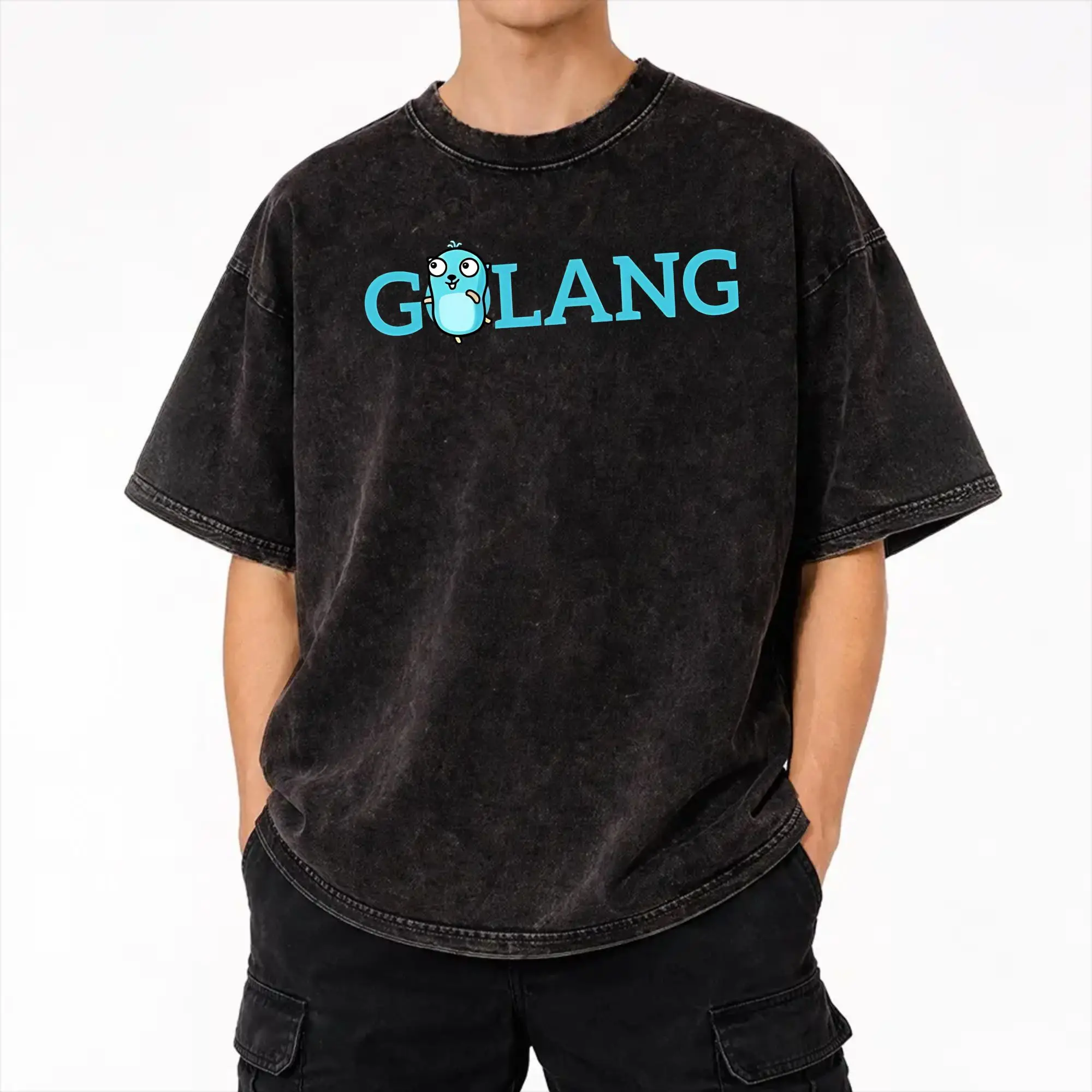 golang gopher  Washed T Shirts Streetwear Hip Hop Novelty T-Shirt  Tees for Men Women Cotton High Street