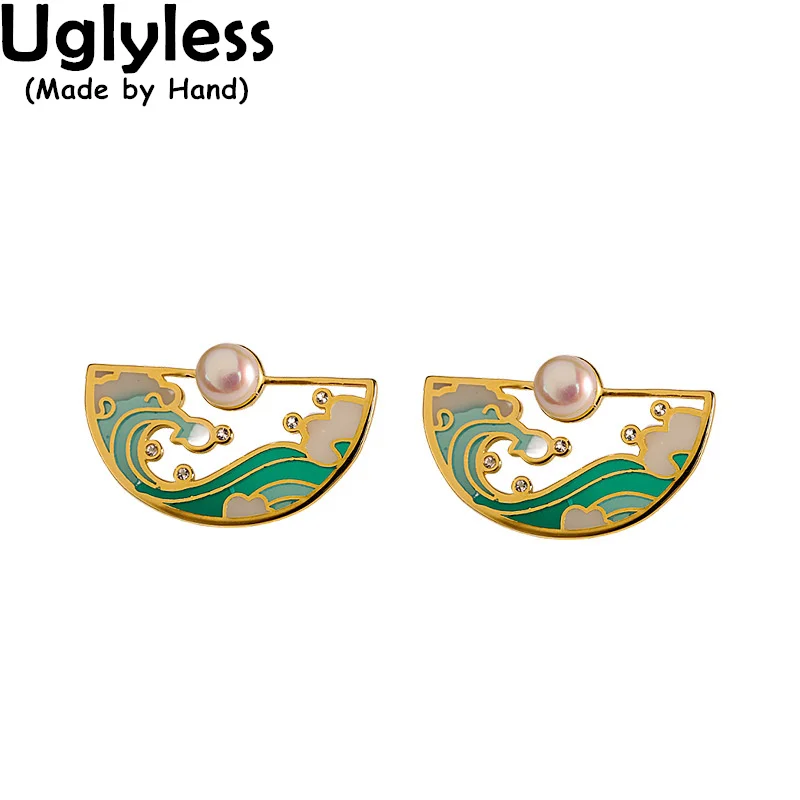 

Uglyless Moon Rises on the Sea Romantic Oriental Aesthetics Gifts Jewelry for Women Enamel Wave Pearls Studs Earrings 925 Silver