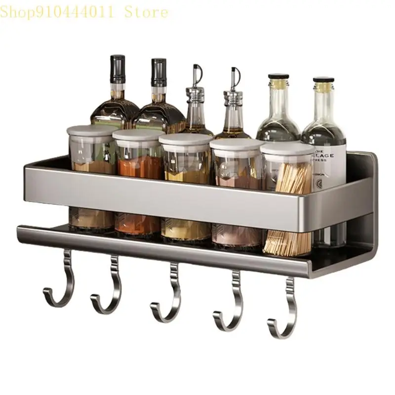 

Portable Kitchen Spices Storage Rack Wall Mounted Without Drilling Needed with Hook Attachments Kitchen Organization