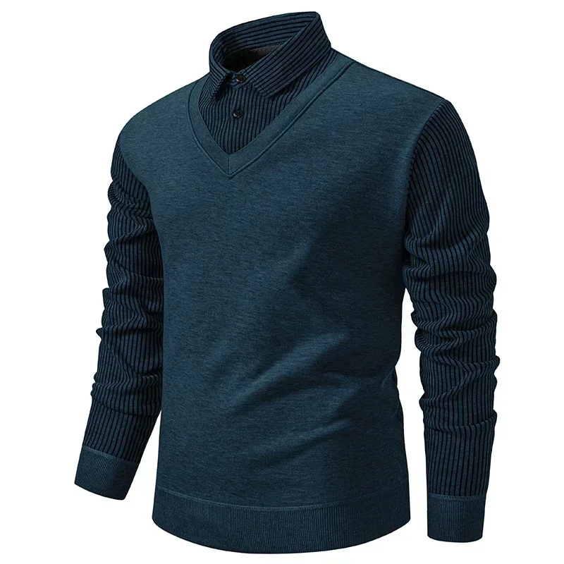 Autumn Winter Men's Fake Two Piece Pullover Slim Soft Fleece Warm V- Neck Coat Fashion Mens Knitted Shirt Collar Jacket