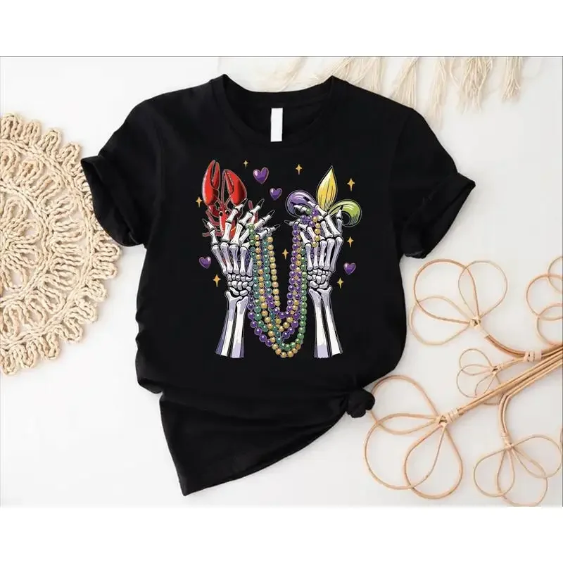 Skeleton Hands Mardi Gras T Shirt Beads Womens Louisiana Carnival Costume New Orleans Festival