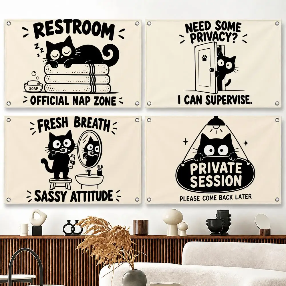 Cartoon Funny Cat Bathroom Session Flags Banner flag, wall hanging, indoor outdoor decor, yard patio wall art