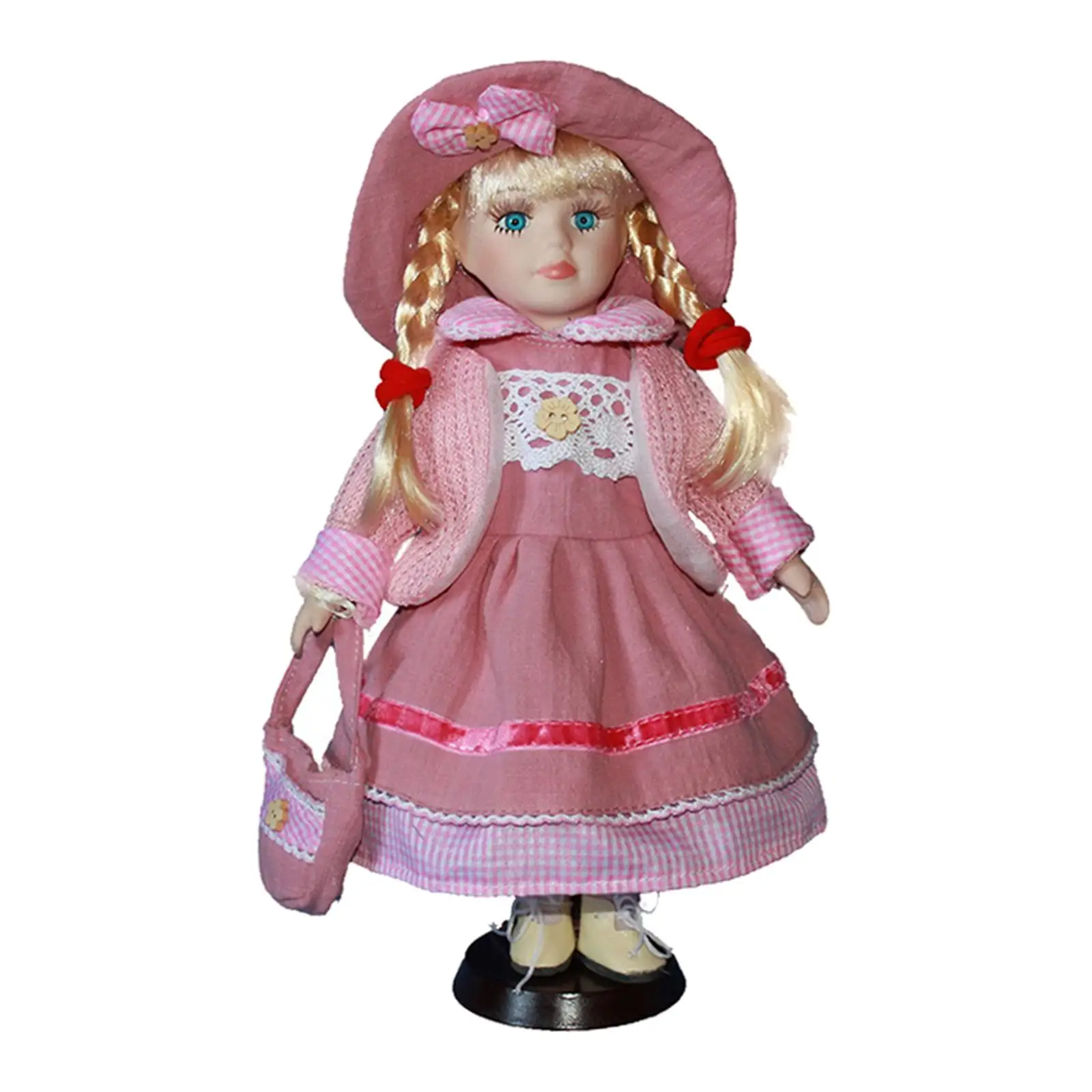 30cm Victorian Porcelain Doll with Pink Clothes & Stand Home Display Decor