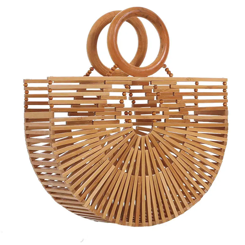 Bamboo Bag Hollow Bag Bamboo Basket Straw Beach Bags Hand-held Bamboo Half Round Bags 2026 New Retro