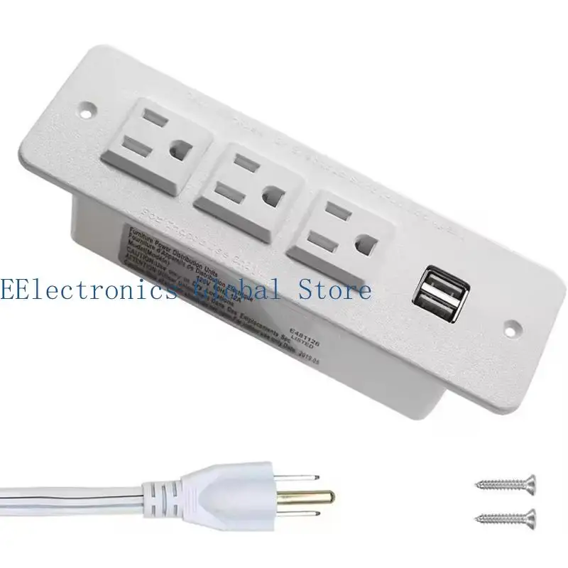 462B Embedded Power Outlet For Office Desk 3 AC125V Outlets 2 USB A Port UL Listed Hiddened Recessed Socket With 2 Meter Cord