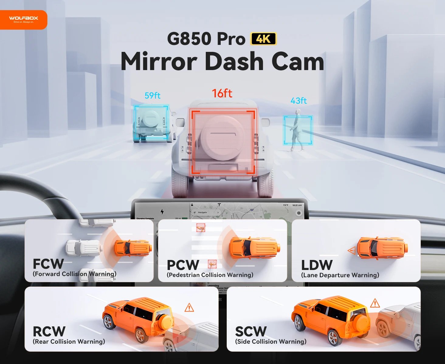 WOLFBOX G850 PRO 4K WIFI Spiegel Dash Cam mit ADAS und BSD 5,8 GHz WiFi Sprachsteuerung Auto DVR Rückspiegel 12 Zoll – Detail 1
