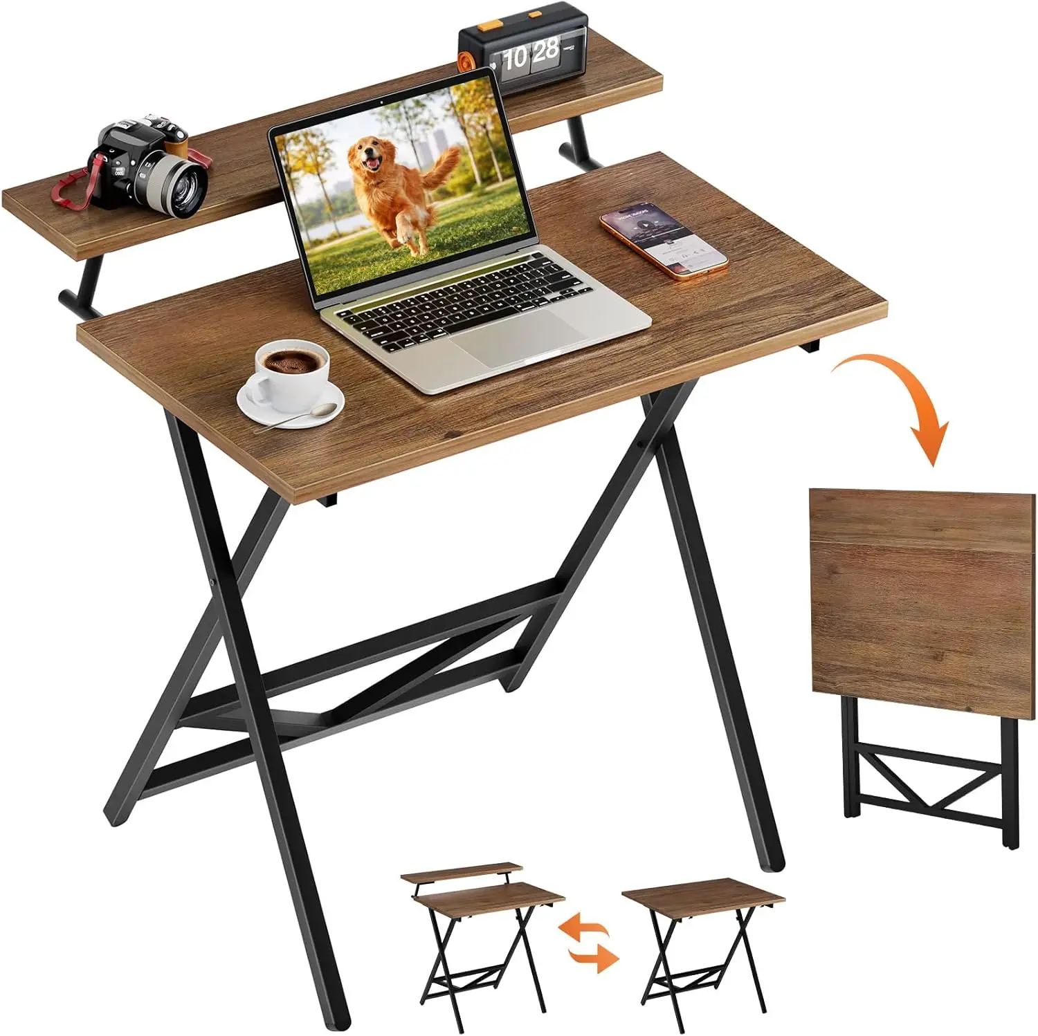 Adjustable Height Folding Computer Desk 23.6x31.5 Inches with Monitor Stand, Space Saving Home Office Desk Easy Assemble Walnut