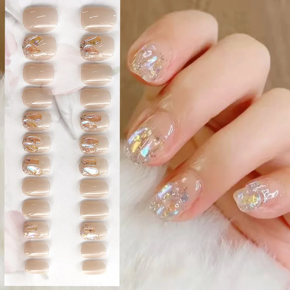 24pcs White Short Square False Nails with Jelly Glue Press On Nails Fairy Butterfly Glitter Rhinestones Full Cover Nail Tips