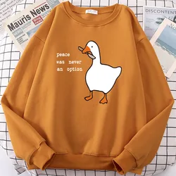 Peace Was Never An Option Goose Print Man Long Sleeves Kawaii Cartoons Pullovers Fashion Casual Simple Clothing Male Sweatshirts