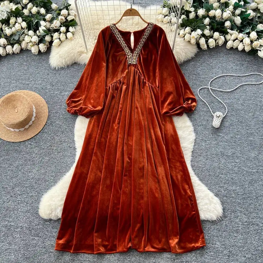 

Chic Elegant long sleeve velour loose lantern sleeve dress korean fashion ceremony dresses women clothing