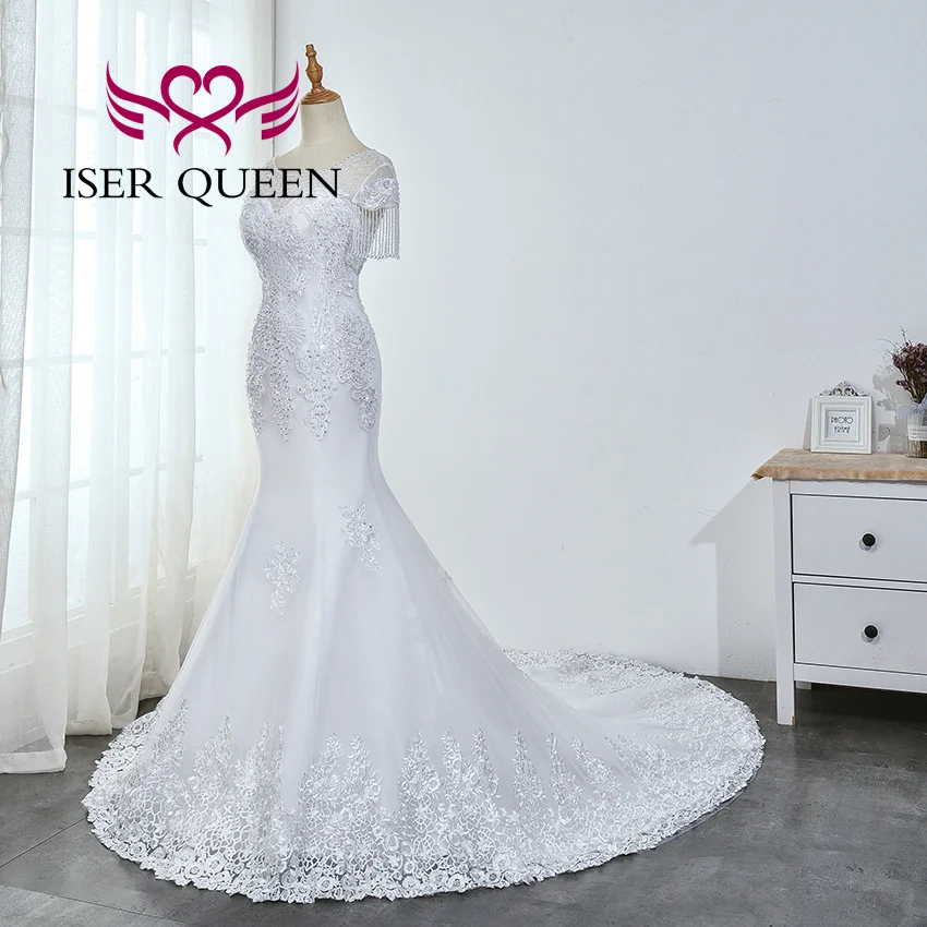 تخصيص قصيرة الديكور شرابة الأكمام أوروبا حورية البحر فساتين الزفاف قارب الرقبة الدانتيل يزين جودة فستان الزفاف WX0035
