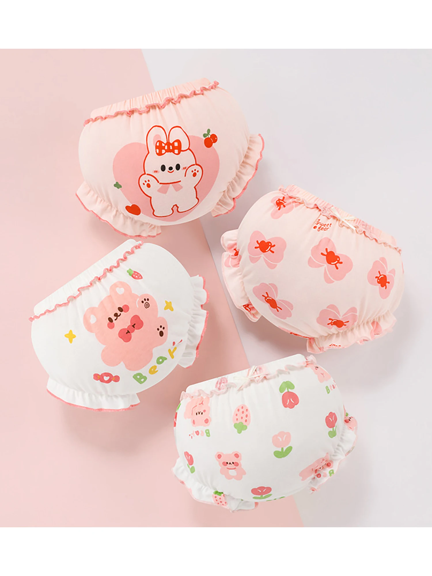 4Pcs Infant Baby Girls Cotton Bloomers Cute Print Ruffle Bow Diaper Covers Assorted Toddler Summer Breathable Underwear Panties