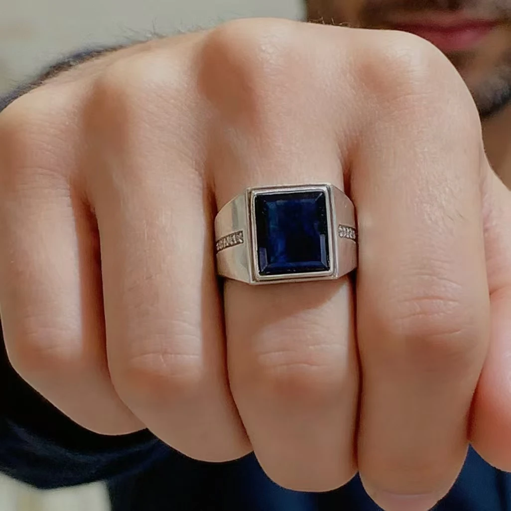 100% Natural Black Sapphire Ring for Man 8ct 11mm*14mm Sapphire Man Ring Silver Ring Solid 925 Silver Jewelry