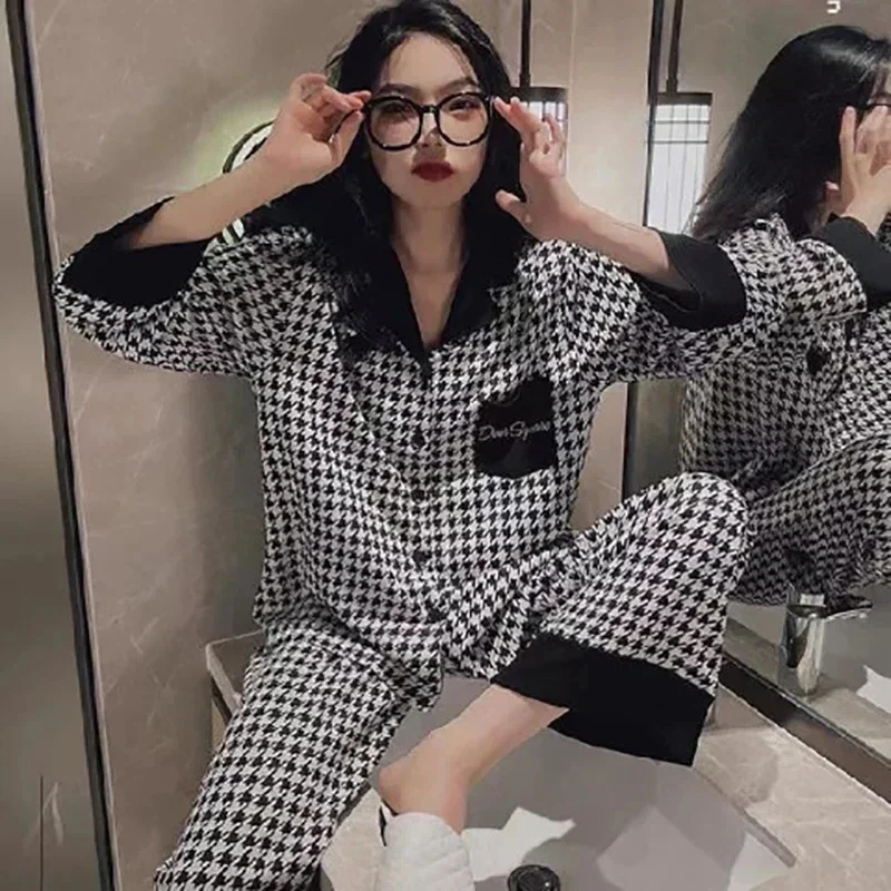 Cute Pajama Woman Winter Autumn Sleepwear Lady Long Sleeve Tops Pants 2 Piece Pyjamas Solid Lingeries Sets for Women Nightwear